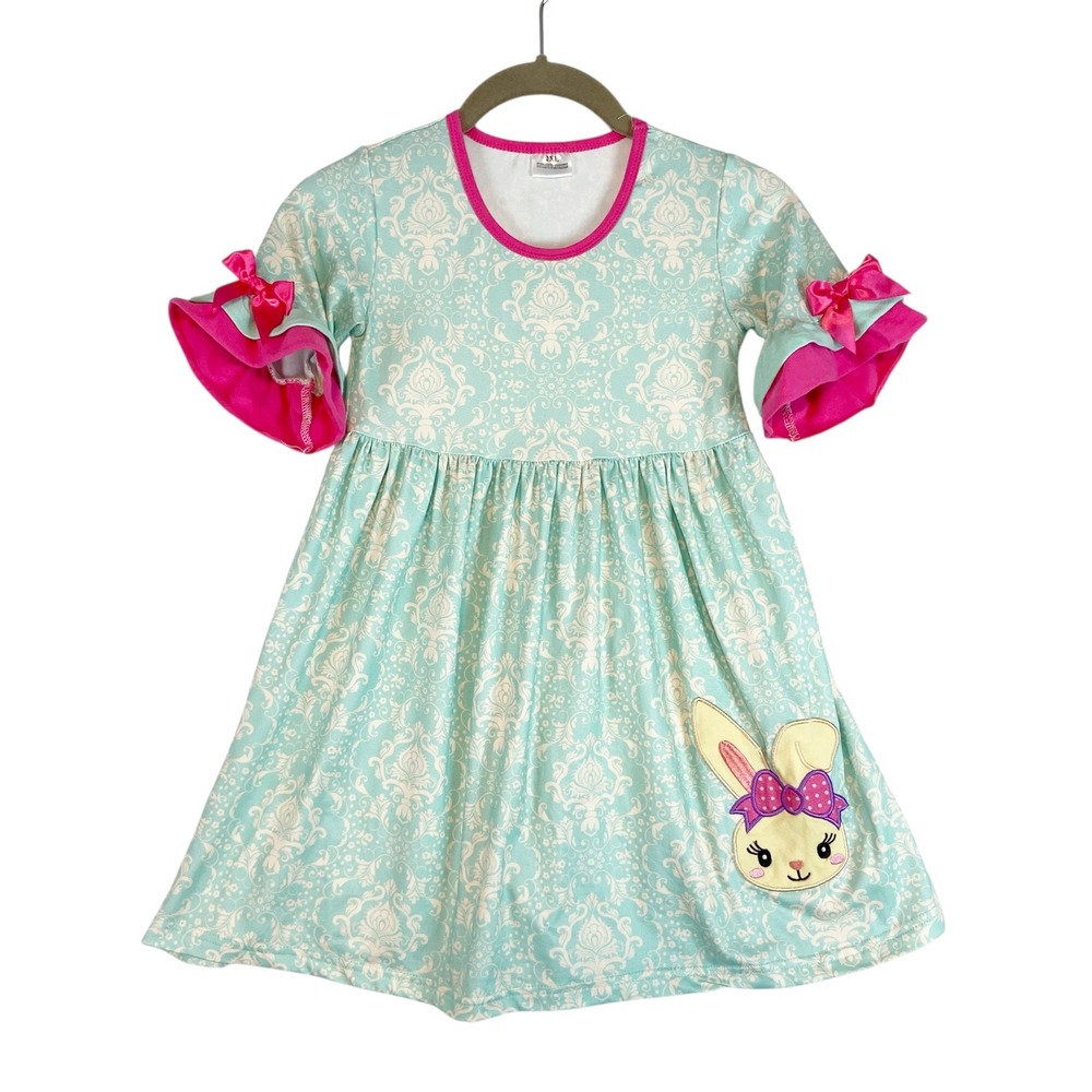 Girls Easter Bunny Dress Size 5/6 Light Blue Damask Ruffle Sleeve Satin‎ Bow